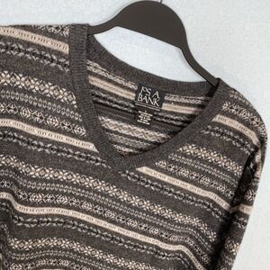 Jos A Bank Mens Large V Neck Lambswool Fair Isle Sweater Pullover Classic Preppy
